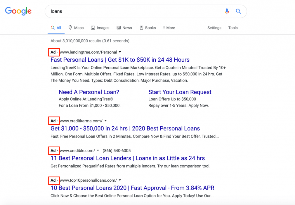 loan在谷歌中的搜索结果截图