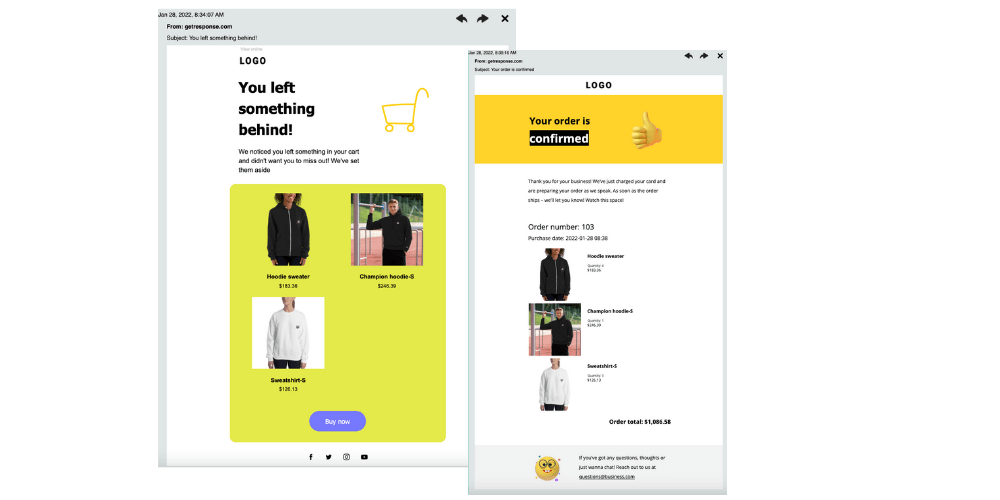 在 GetResponse 消息编辑器中创建的 Shopify 订单确认和废弃购物车电子邮件示例。