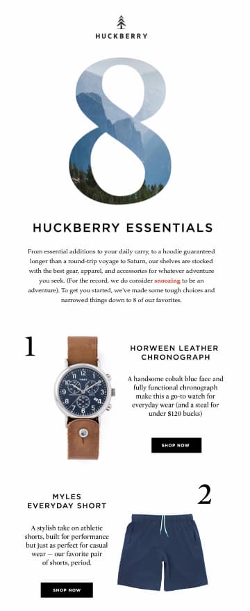 入职电子邮件显示 Huckberry 商店中可用的各种产品类别。