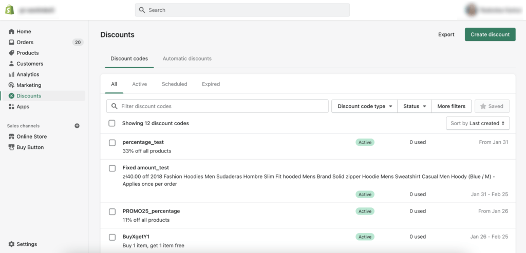 Shopify 仪表板中设置的折扣。