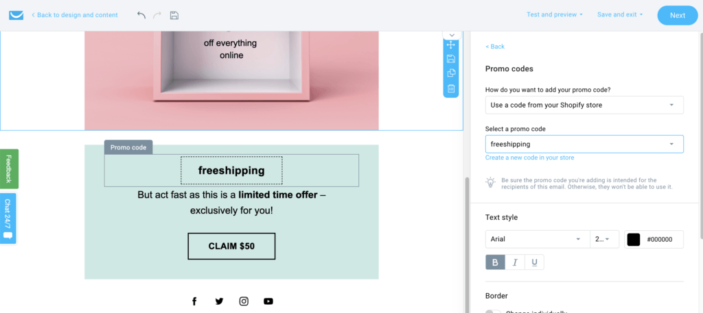 导入到 GetResponse 以在电子邮件编辑器中使用的 Shopify 折扣。