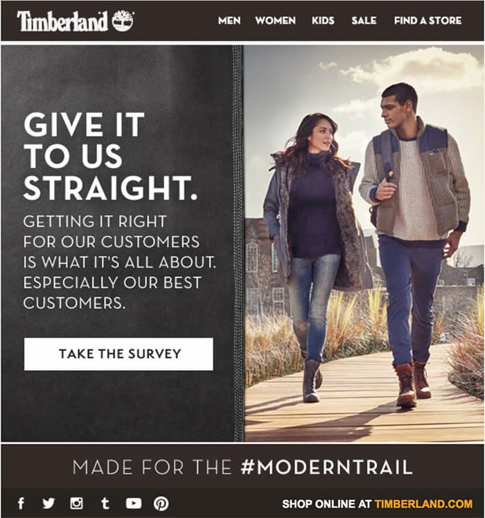 来自 Timberland 的调查电子邮件示例。