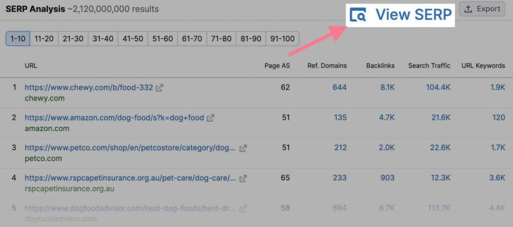 关键字概览 serp 分析 查看 serp 按钮